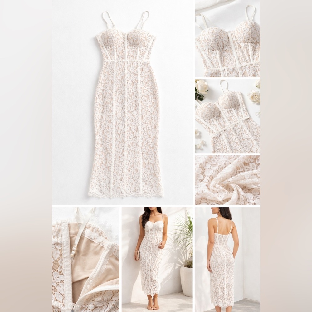 White Lace Midi Dress Corset Bustier Sleeveless Bodycon Bridal Shower Women M
